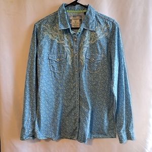 Panhandle Rough Stock Western  Womens shirt L Floral Embroidery w/ rhinestones